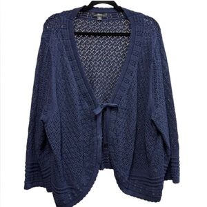 Ellos Navy Open-Knit Crochet Cardigan 2X (26/28) 100% Cotton